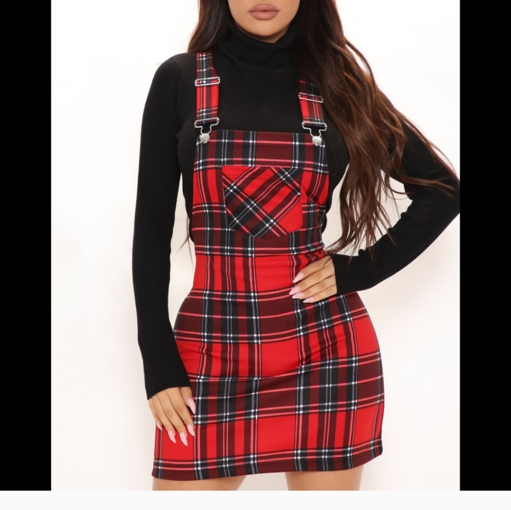 Red Plaid Overall Dress
